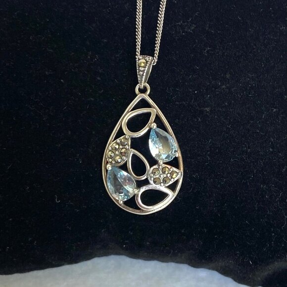 Sterling Silver 925 SLC Blue Topaz Marcasite Teardrop Pendant Necklace 18" Chain - Picture 12 of 16